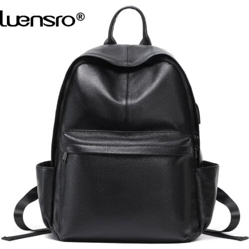 Men Soft Genuine Leather Backpack USB Charge Bagpack School Bags Boys Travel Bag Bookbag Male Laptop Backpack Sac a Dos