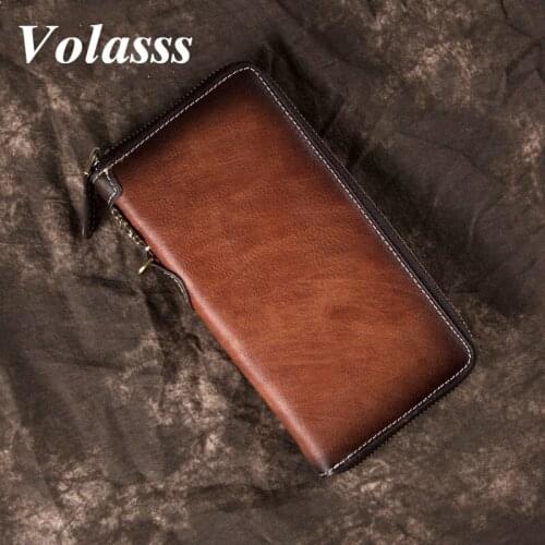 Volasss Vintage Men Wallet Genuine Leather Wallets Zipper Clutch For Man Multi-function Cowhide Purse Retro Long Wallets Male