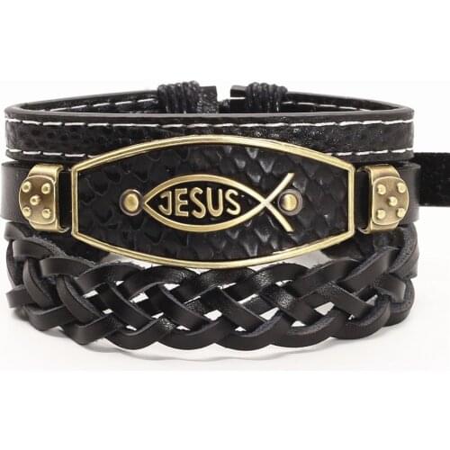 New Punk Vintage 3 Pcs/set Bronze Fish JESUS Charm Leather Men Bracelets For Women Bangle Homme Femme Male Gift Jewelry