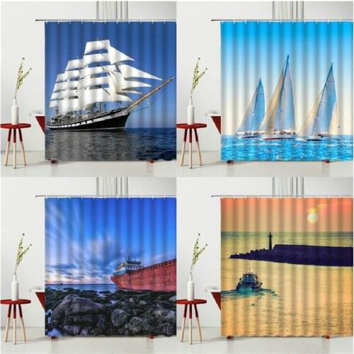 Scenery Shower Curtain Set Ship Sailboat Yacht Reef Waterproof Polyester Fabric Bathtub Decoration 240X180cm With Hooks