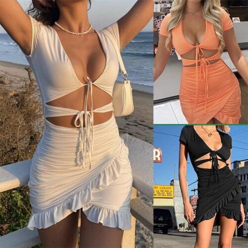 Sexy V-neck Lace Ruffled Dress Womens Solid Color Short-sleeved Hollow Tight Fashion Mini Dress 2021 Summer Dress Street Wear