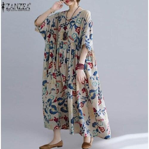 Vintage Printed Dress Womens Summer Sundress ZANZEA 2021 Casual Half Sleeve Maxi Vestidos Female O Neck Floral Robe Plus Size