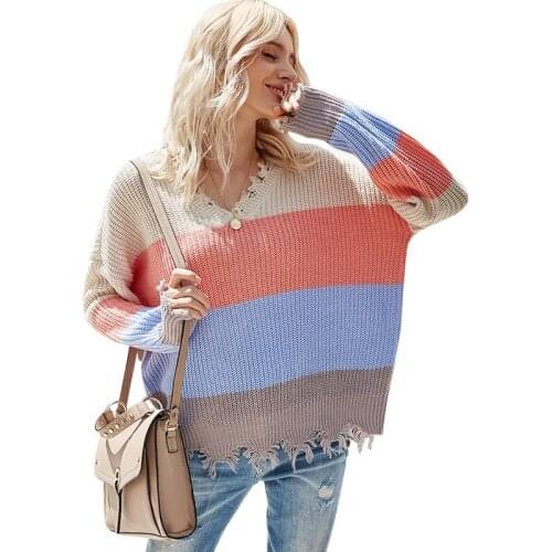 Pullovers And Sweaters For Women Autumn Casual Long Sleeve Patchwork Color V-neck Female Fashion Loose Streetwear Sweater