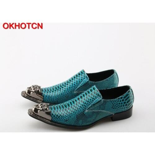 OKHOTCN Gentleman Luxury Genuine Leather Black Metal Toe Men Shoes Party and Wedding Men Dress Shoes Plus Size Mens Loafers