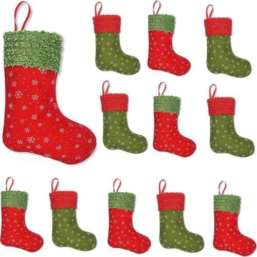 Mini Christmas Stockings with Snowflake, 9 Inch Party Decorations/Gift Bags, Red & Green, 12PCS