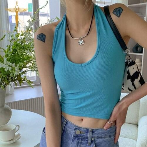 Halter Tank Top Womens V-Neck Sleeveless Rib Knitwear Crop Tops Sexy Street Skinny White Tank Vest Female Backless Blue Camisole