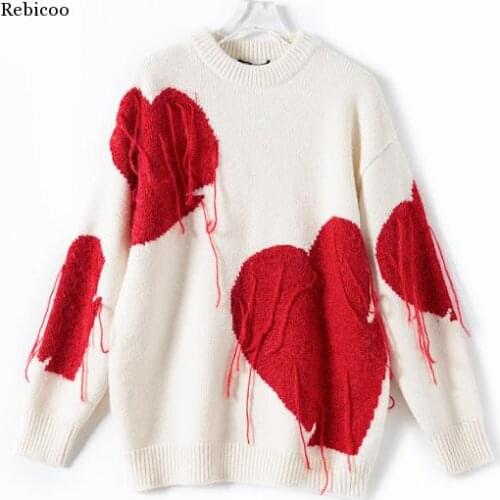 Spring Love Heart Solid Color Oversize Women Sweater Sexy Off Shoulder Long Sleeve Pullover Valentines Day Knitwear