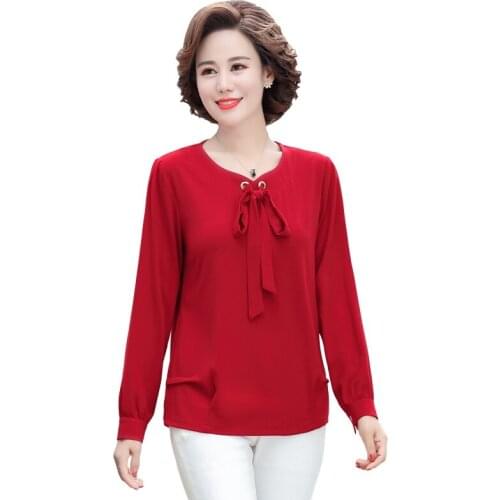 Bow Collar Women Long Sleeve T-Shirts Spring Fall Middle Age Mother Pullover Casual Loose Tee Tops 2021 New Female Clothing 5XL