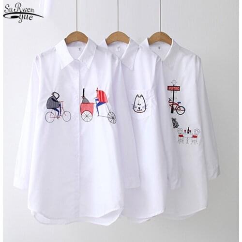 2021 New White Shirt Casual Long Sleeve Button Up Female Blouse Cotton Blouse Turn Down Collar Embroidery Chic Blouse 5083