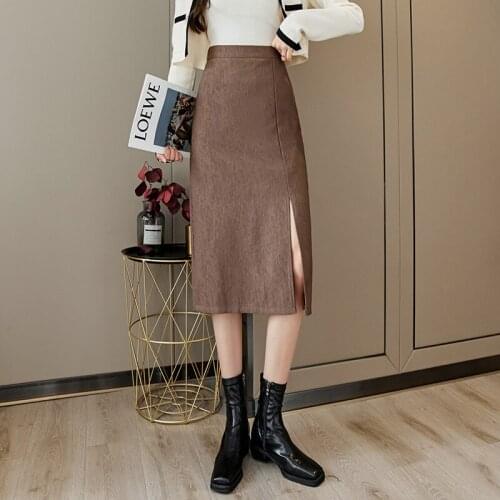 2021 autumn new high waist bag hip slit skirt temperament was thin A-line retro mid-length short skirt women