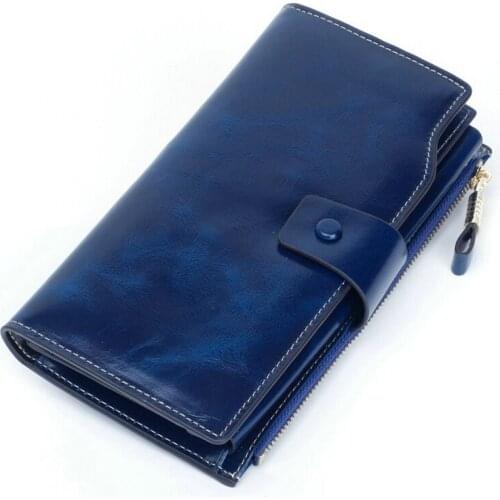 Oil Wax Cowhide Genuine Leather Women Long Purse Female Money RFID Wallets Handbag Handy for Cell Phone Card Holder