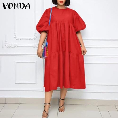 Women Dress Summer Bohemian Midi Dresses 2021 VONDA Vintage Shorts Sleeve Puff Sleeve Vestido Casual Robe Femme S