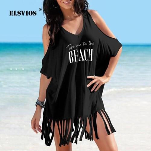 ELSVIOS 2019 Ladies V-neck Party Black White Summer Dress Womens Tassel Letters Print Baggy Beach Dress Off Shoulder Mini Dress