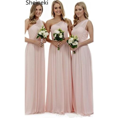 Simple Pink Chiffon Bridesmaids Dresses Long Sexy One Shoulder Cheap Country A Line Wedding Party Gowns vestido de festa longo