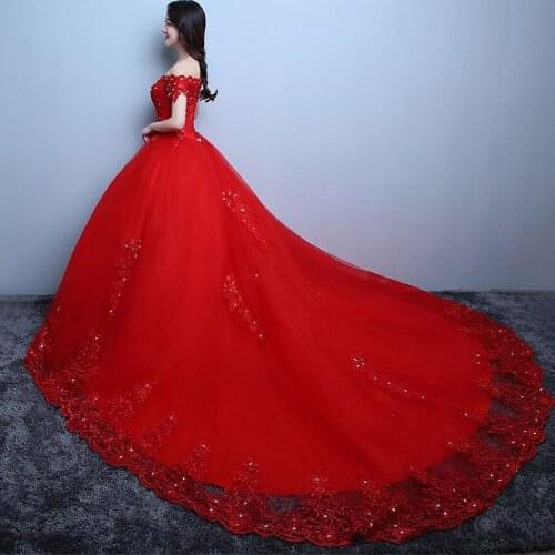 Red Wedding Dress Off the Shoulder Lace Applique Custom made Court Train Bridal Vestido De Novia Red Wedding Gowns