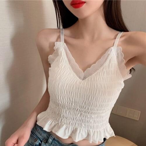 Women Summer Top Tank Top Casual Folds Suspenders Vest V-neck Lace Trim Chest Wrap Top Seamless Female Tank Tops With Chest Pad