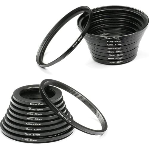 18pcs Camera Lens Filter Metal Stepping Rings kit (Includes 9pcs Step Up Ring Set + 9pcs Step Down Ring Set) Black
