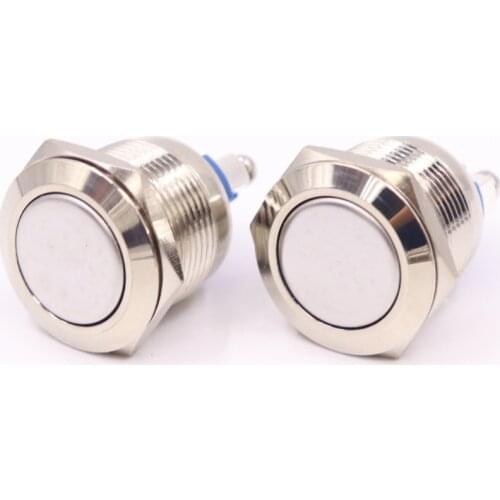 19mm metal push button waterproof nickel plated brass switch flat head Round shape momentary self reset 1NO