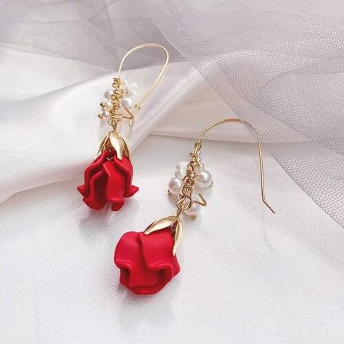 2019 Korea Hot Fashion Jewelry New Design Sweet Romantic Red Rose Earrings Elegant Pearl Wreath Earrings for women gift