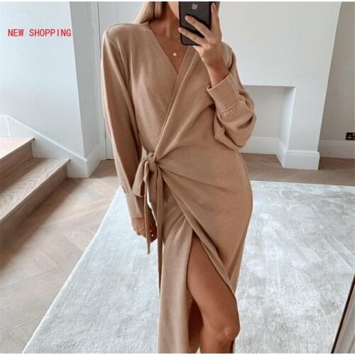 2021 Elegant V Neck Sashes Dresses Ladies Casual Bandage Knitted Wrap Dress Women Sexy Party Dress Mujer Knit Robe Homewear