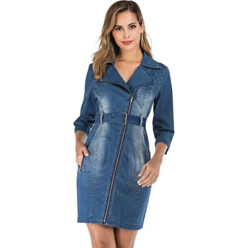 2021 Plus size Womens Girls Sexy Stretch denim dress with three-quarter sleeves sashes fashion fall winter party dress Vestidos