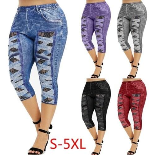 2021 Plus Size Women Short Leggings Faux Denim Ladies Short Pants Floral Printed High Waist Female Pants