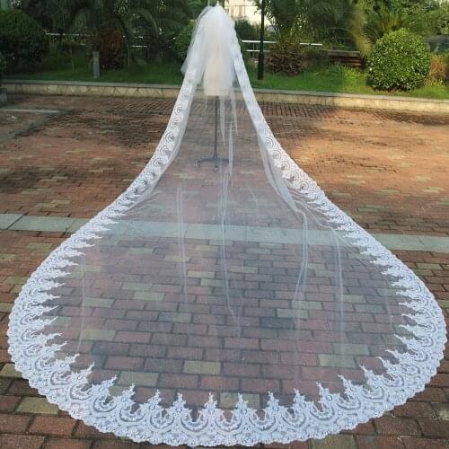 3M Width Wedding Veil Long 2T Cathedral Ivory Lace Hem Bridal Veils with Comb Cover Face Wedding Veil