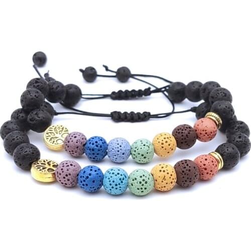 8mm Seven Chakra Tree of Life Bracelet Black Lava Stone Beads Women Men Bracelet Buddha Yoga Strand Briaded Bracelet Jewelry Set
