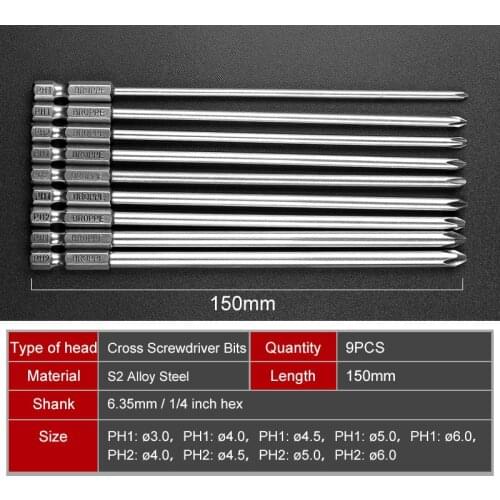 9pcs 150mm Long Magnetic Hex Screwdriver Bit Set Magnetic Philips Screwdriver Set 1/4 Inch 6.35mm Shank S2 Alloy Steel