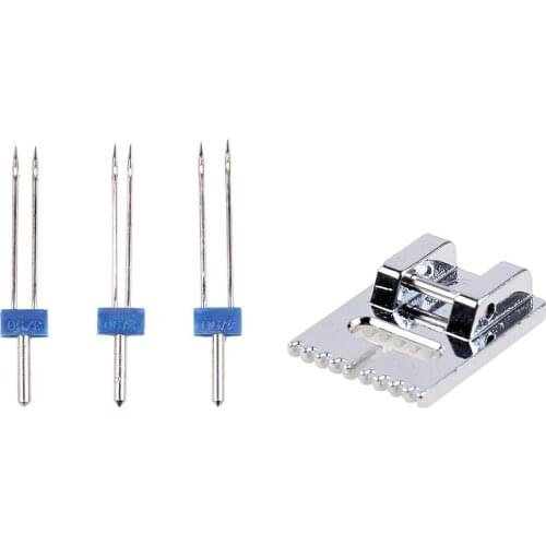 2/90 3/90 4/90 Sizes Double Twin Needles + Wrinkled Sewing Presser Foot