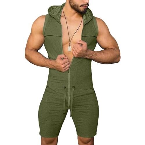 Jumpsuit Men Casual Solid Color Sleeveless Jumpsuit Pockets Short Pants Hooded Romper Pajamas Rompers Comfortable Mens Jumpsuit