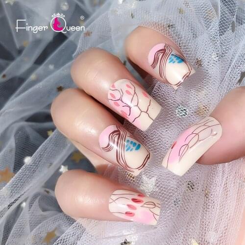 Fingerqueen 24PCS/Box Fashionable Graffiti French Manicure Tips Faded Nails Designed Gorgeous and Classy Natural Fake Nails Art