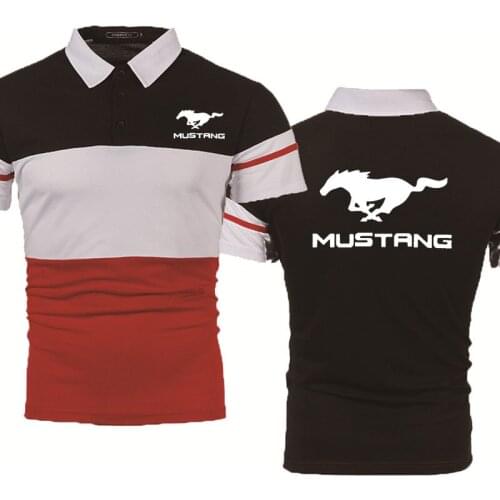 Mens polo shirt Mustang Car Logo Summer casual Splicing Cotton Fashion Hip Hop Harajuku lapel Mens Short Sleeve Clothes