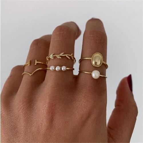 Early Han 2021 Trend Retro Pearl Leaves Ring Set Ladies Stainless Steel Ring Jewelry 6-piece fashion gold-plated jewelry set