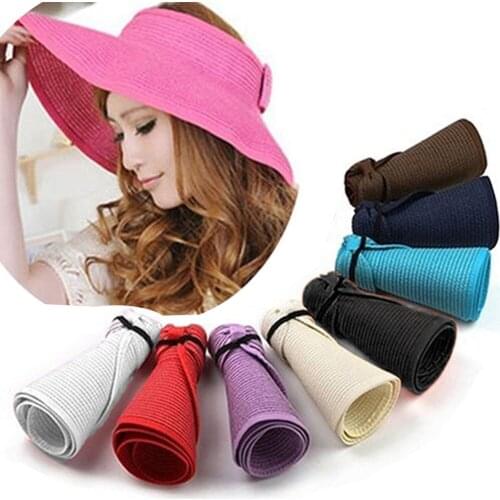 New Women Summer Visors Hat Wide Brim Roll Up Foldable Sun Beach Straw Braid Visor Sun Hat femme Beach Caps Beach Sun Hats