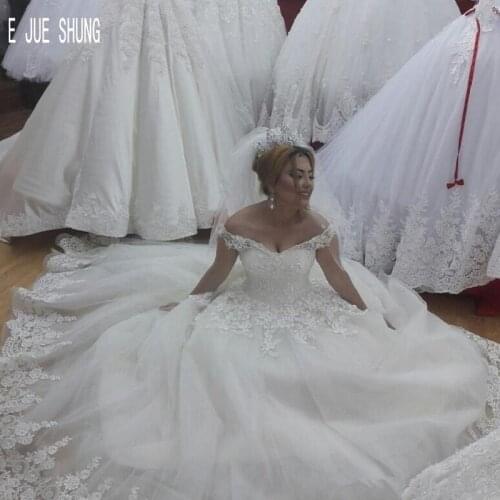 E JUE SHUNG Newest Ball Gown Wedding Dresses Off the Shouldr Appliques Lace Up Back Princess Tulle Bridal Gowns robe de soiree