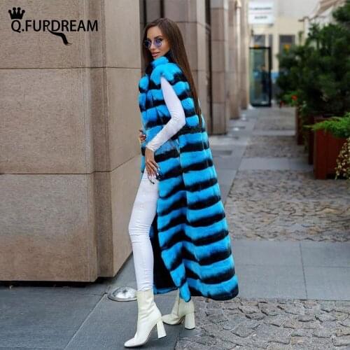 Q.FURDREAM Autumn Winter New Long Real Rex Rabbit Fur Trendy Coat Stand Collar Sleeveless Fashion Luxury Warm Jacket Clothing