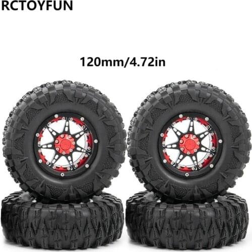RCTOYFUN 4pcs 2.2" Red Metal Beadlock Wheel Rims & 120mm Black Rubber Dragon Claw Pattern Tires For 1/10 RC Crawler Truck SCX10