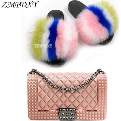 Summer Ladies Fashion Plush Slippers Candy Color Messenger Bag Fur Slides Exquisite Shoe Bag Set Fluffy Fur Slippers Women Purse