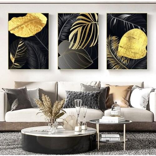 Modern Luxury Abstract Honorable Black Gold Leaf Plant Diamond Painting 3 Piece Decor Nordic Picture Living Room Decor EE1953