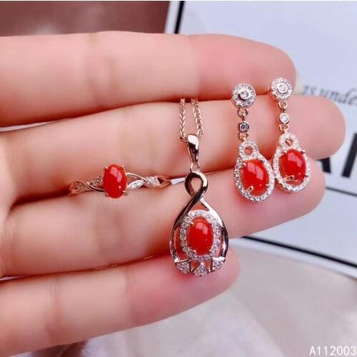 KJJEAXCMY Fine Jewelry 925 Sterling Silver Inlaid Natural Gemstone Red Coral Ring Pendant Earring Set Fashion Supports Test