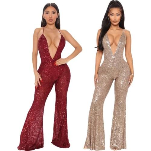 Flare Pants Women Deep Sexy V Neck Patchwork Sleeveless Jumpsuit Bodycon Casual Rompers Sexy Fitness Wear Wholesale