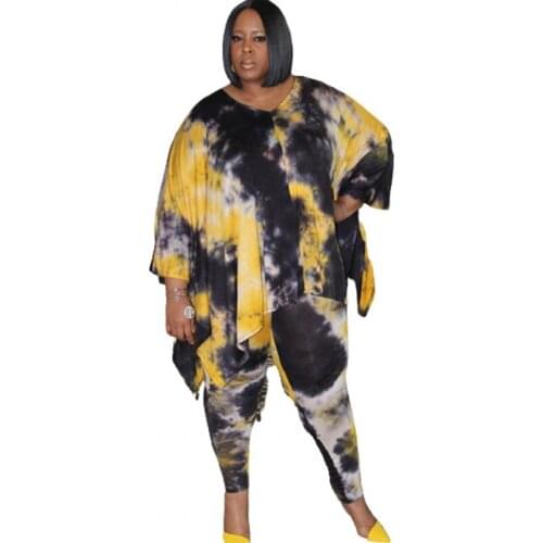 Tie Dye Two Piece Set Women Long V Neck T Shirt Tops And Pant Suits Summer New Fashion Loose Casual 4XL Plus Size Tracksuit Sets