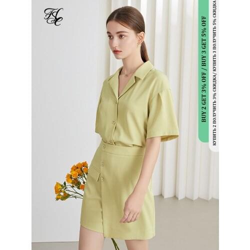 FANSILANEN Office Lady Classic Free Easy Casual Green Suit Collar Shirt 2021 Summer New Skirt Polyester Suit For Women Clothes