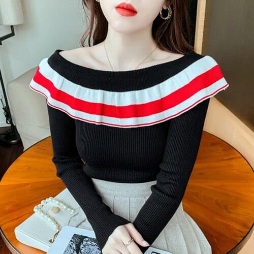 Off Shoulder Ruffles Slash Neck Womens Sweaters 2021 Autumn New Striped Long-Sleeved Sweet Fashion Sweater Pullover Women Tops
