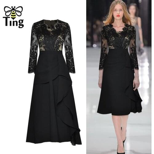 Tingfly Runway Vintage Lace Black Dress Women Summer High Waist A Line Office Work Ruffles Midi Long Dress Large Size Robes Za