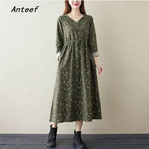 Anteef long sleeve plus size cotton linen vintage floral dresses for women casual loose pring autumn dress elegant clothing 2021