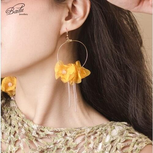 Badu Golden Copper Drop Flower Earrings for Women Big Boho Yarn Dangle Earring Bohemian Jewelry for Holiday Wholesale