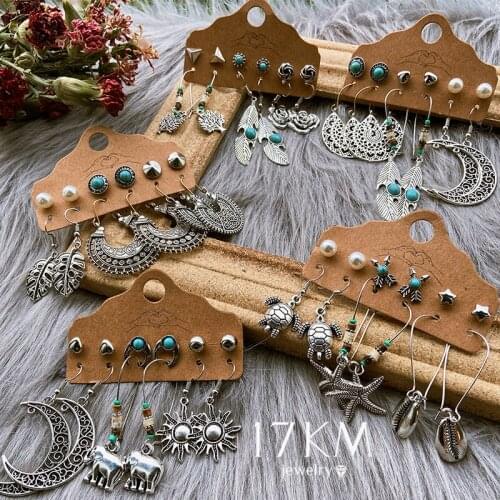 2020 Ethnic Vintage Feather Earrings Set For Women Vintage Retro Sun Moon Drop Earring Set Fashion Earrings Jewelry Gift