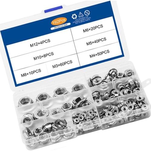 192PCS/Box DIN6923 Hexagon Flange Nuts Assortment Kit M3 M4 M5 M6 M8 M10 M12 304 Stainless Steel Metric Flange Nuts Set